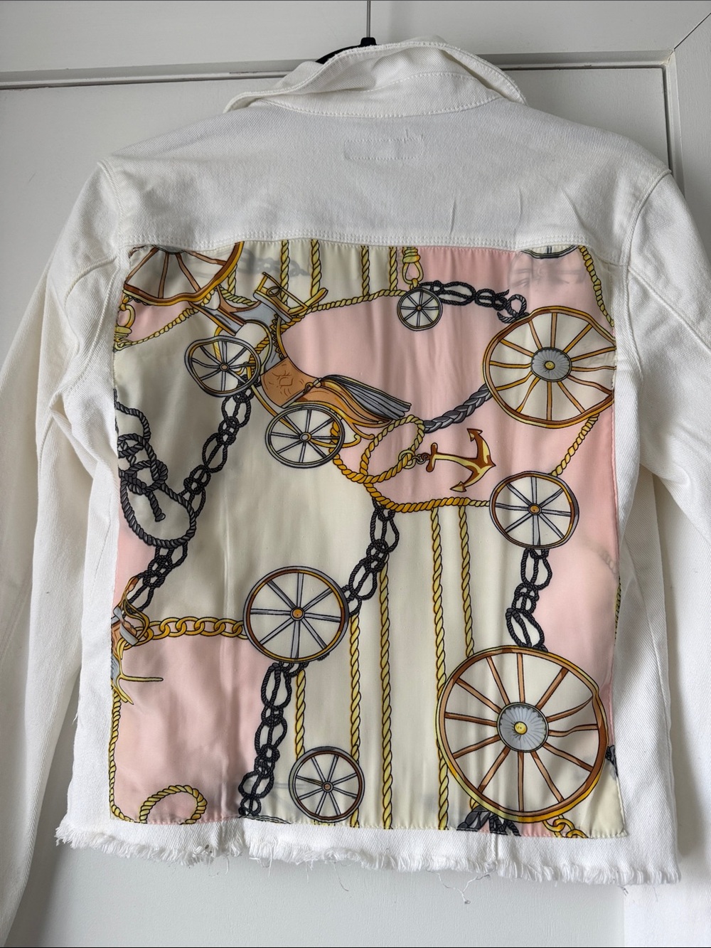 Htrailz Stacy Bradley white denim jean jacket Silk Patched Back Women  size S